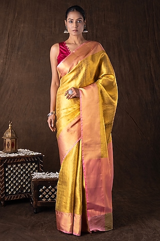 Golden & Pink Pure Silk Brocade Banarasi Handloom Saree Set by Zal From Benaras