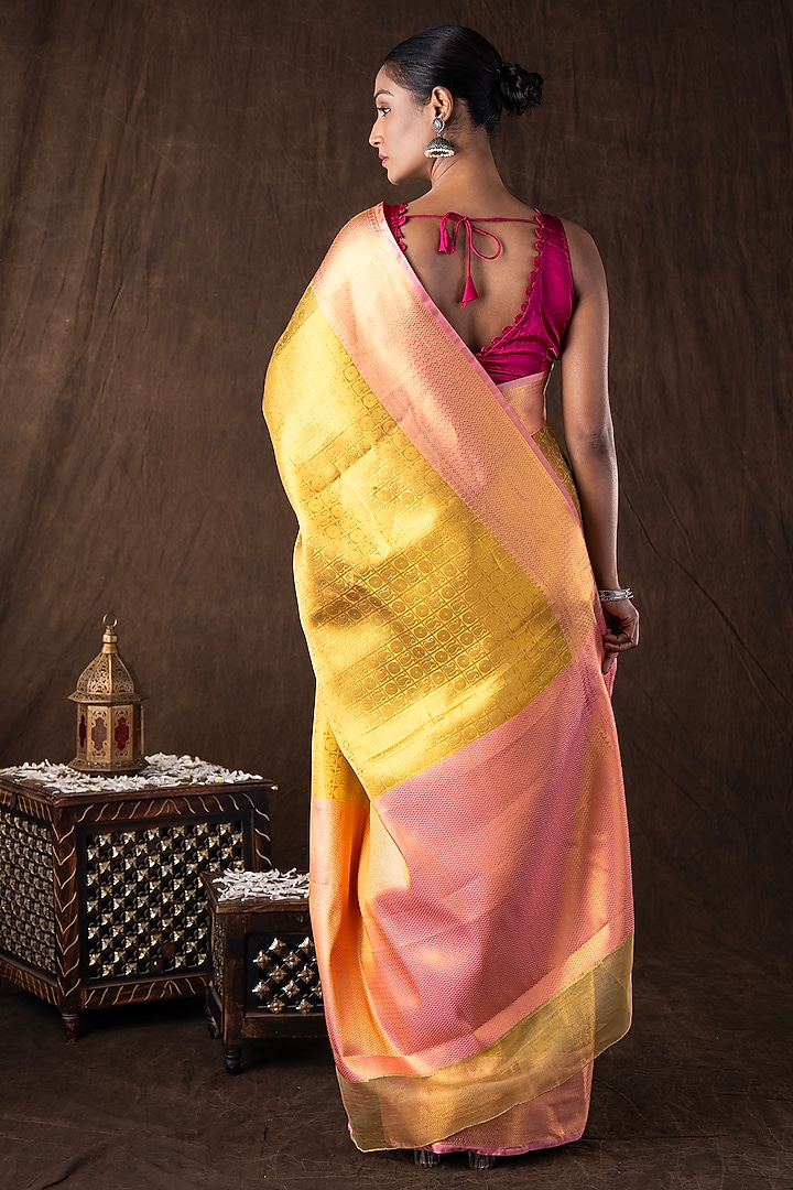 Golden & Pink Pure Silk Brocade Banarasi Handloom Party Wear Saree Set by Zal From Benaras at Pernia's Pop Up Shop