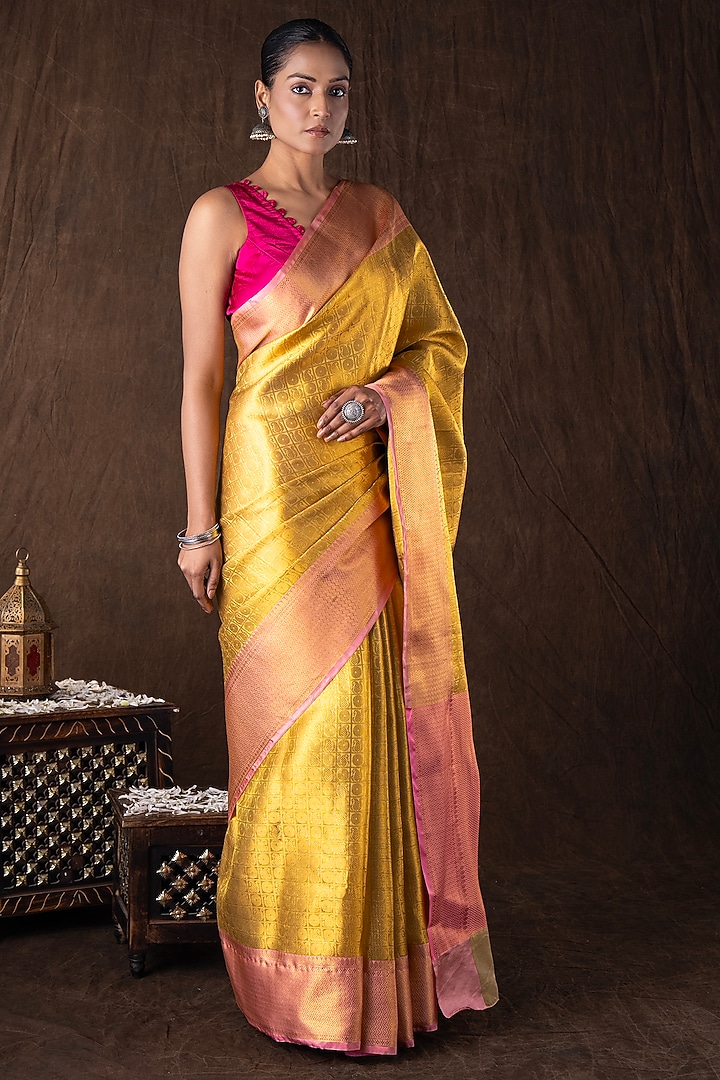 Golden & Pink Pure Silk Brocade Banarasi Handloom Party Wear Saree Set by Zal From Benaras at Pernia's Pop Up Shop