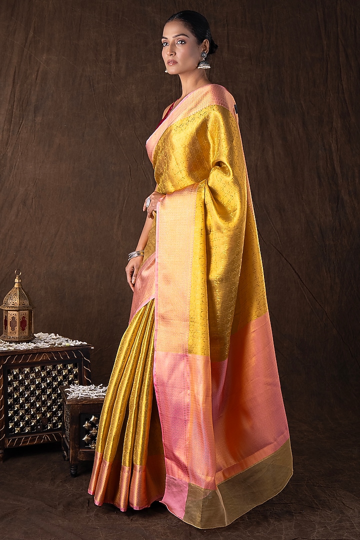 Golden & Pink Pure Silk Brocade Banarasi Handloom Party Wear Saree Set by Zal From Benaras at Pernia's Pop Up Shop