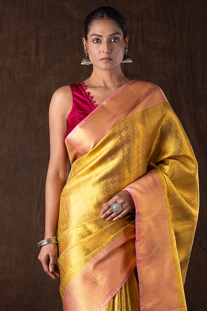 Golden & Pink Pure Silk Brocade Banarasi Handloom Party Wear Saree Set by Zal From Benaras at Pernia's Pop Up Shop