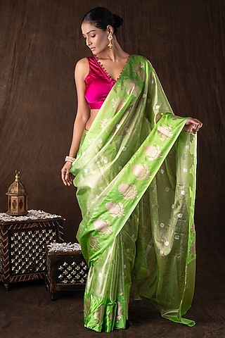Pista Green Tissue Organza Silk Banarasi Handloom Saree Set by Zal From Benaras