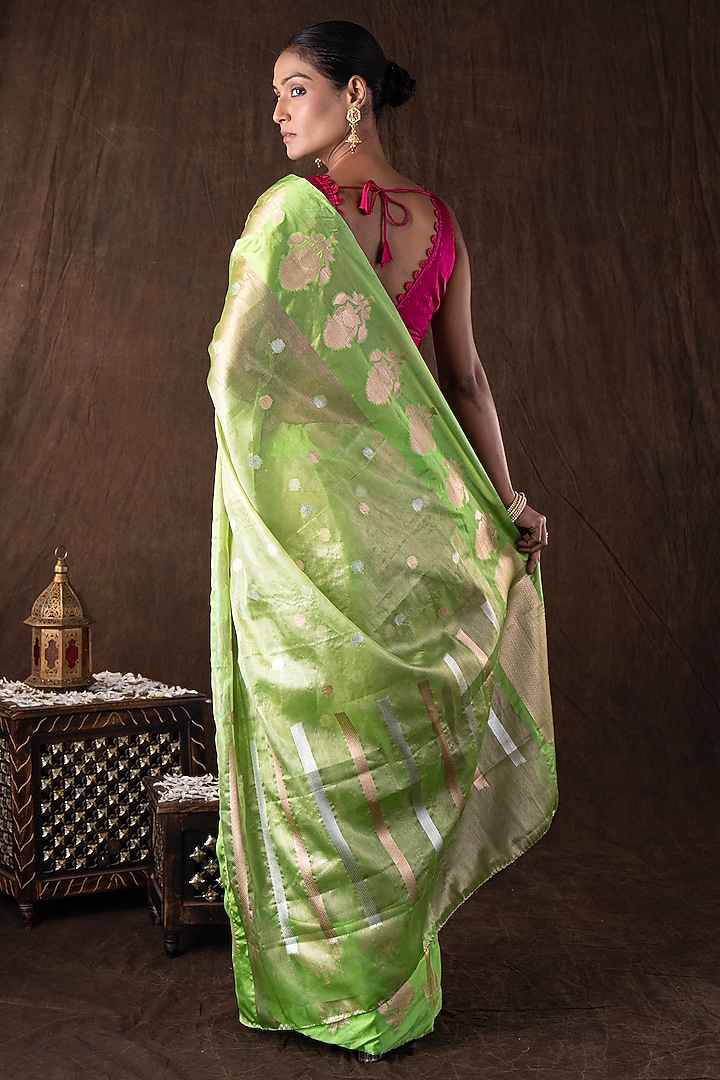 Pista Green Tissue Organza Silk Banarasi Handloom Party Wear Saree Set by Zal From Benaras at Pernia's Pop Up Shop