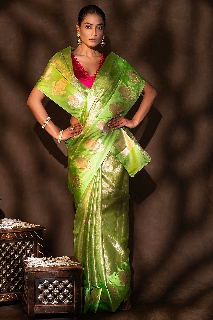 Pista Green Tissue Organza Silk Banarasi Handloom Party Wear Saree Set by Zal From Benaras at Pernia's Pop Up Shop