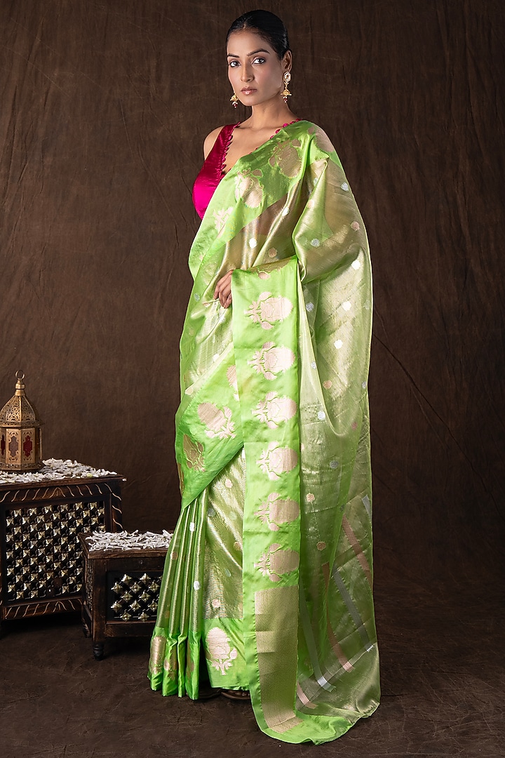 Pista Green Tissue Organza Silk Banarasi Handloom Party Wear Saree Set by Zal From Benaras at Pernia's Pop Up Shop