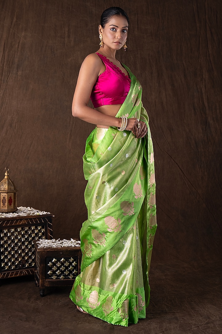 Pista Green Tissue Organza Silk Banarasi Handloom Party Wear Saree Set by Zal From Benaras at Pernia's Pop Up Shop