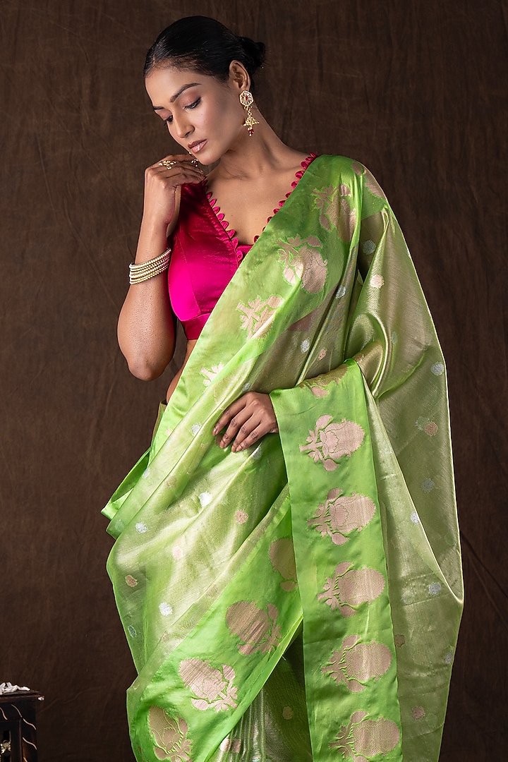 Pista Green Tissue Organza Silk Banarasi Handloom Party Wear Saree Set by Zal From Benaras at Pernia's Pop Up Shop