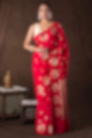 Hot Pink Pure Raw Silk Zari Embroidered banarasi Handloom Party Wear Saree Set by Zal From Benaras at Pernia's Pop Up Shop