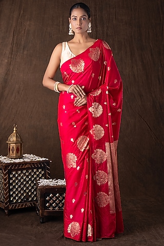 Hot Pink Pure Raw Silk Zari Embroidered banarasi Handloom Saree Set by Zal From Benaras