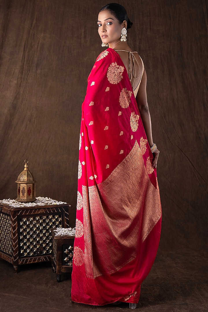 Hot Pink Pure Raw Silk Zari Embroidered banarasi Handloom Party Wear Saree Set by Zal From Benaras at Pernia's Pop Up Shop