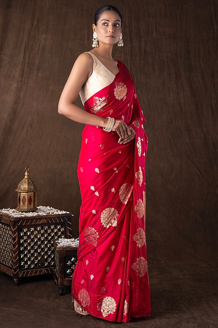 Hot Pink Pure Raw Silk Zari Embroidered banarasi Handloom Party Wear Saree Set by Zal From Benaras at Pernia's Pop Up Shop