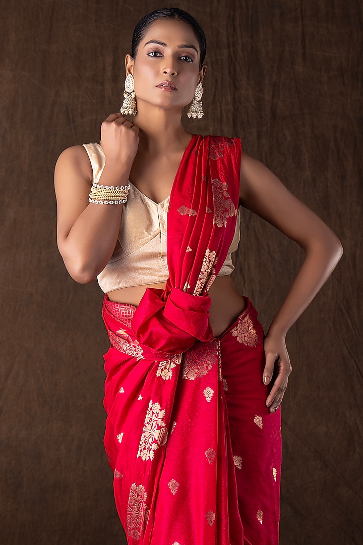 Hot Pink Pure Raw Silk Zari Embroidered banarasi Handloom Party Wear Saree Set by Zal From Benaras at Pernia's Pop Up Shop
