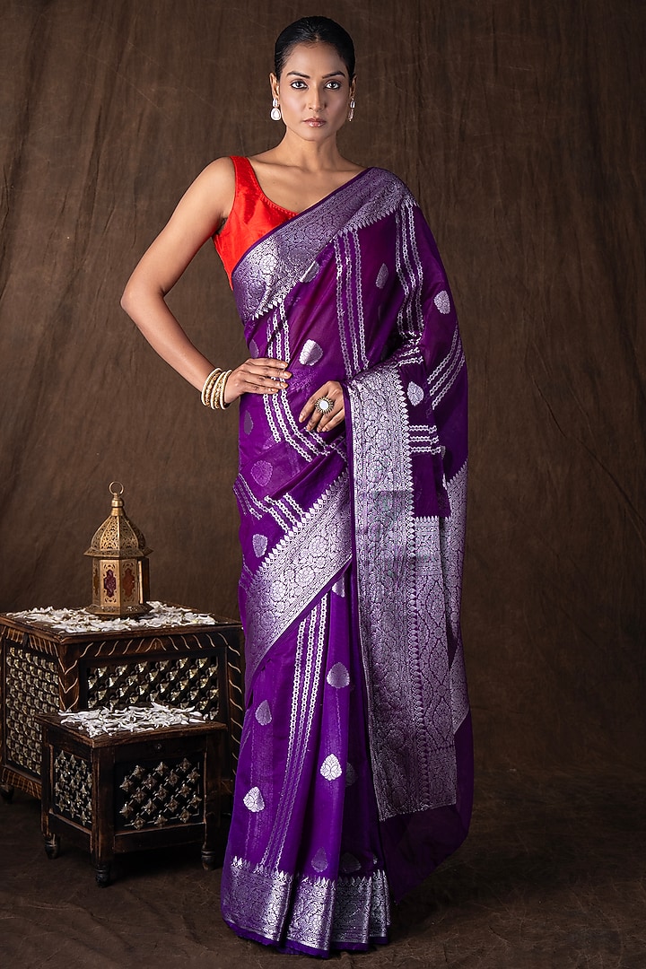 Purple Pure Silk Hand Embroidered banarasi Handloom Festive Saree Set by Zal From Benaras at Pernia's Pop Up Shop