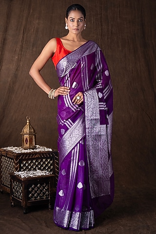 Purple Pure Silk Hand Embroidered banarasi Handloom Saree Set by Zal From Benaras