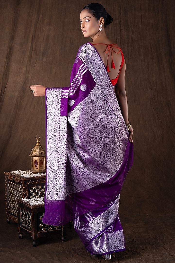 Purple Pure Silk Hand Embroidered banarasi Handloom Festive Saree Set by Zal From Benaras at Pernia's Pop Up Shop