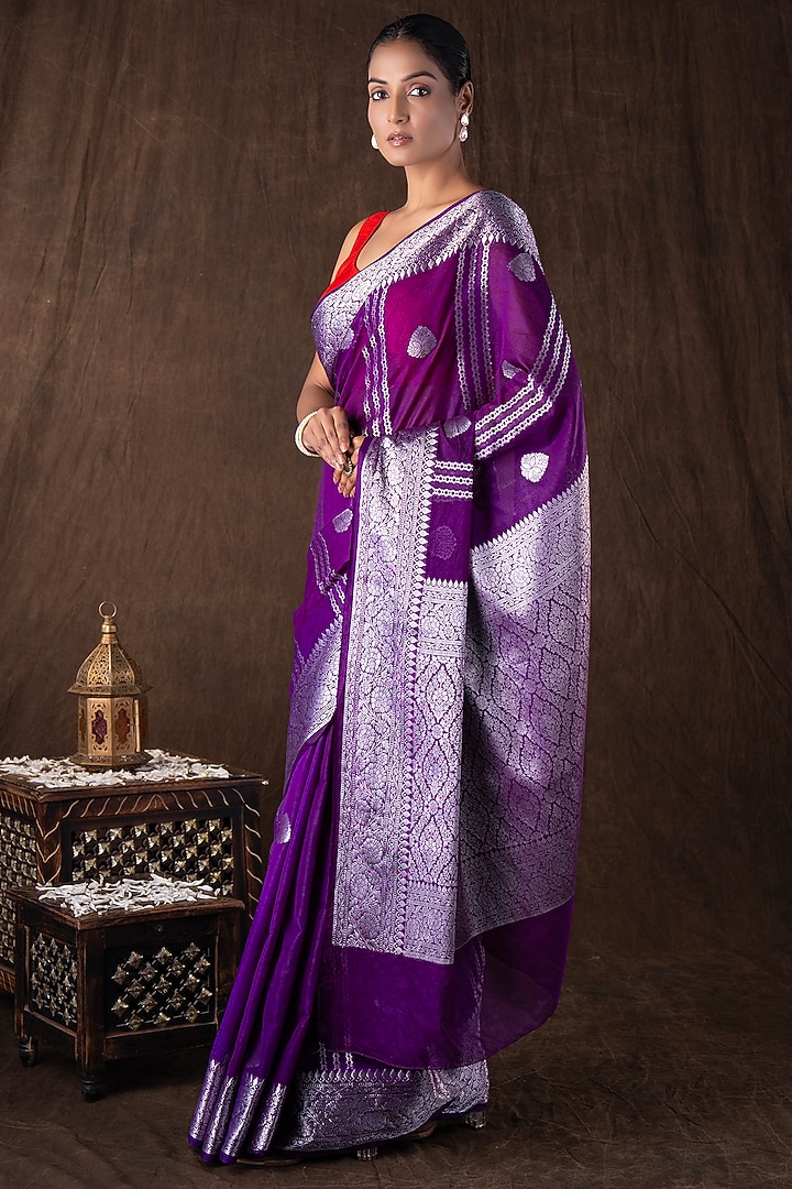 Purple Pure Silk Hand Embroidered banarasi Handloom Festive Saree Set by Zal From Benaras at Pernia's Pop Up Shop