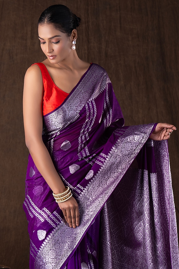 Purple Pure Silk Hand Embroidered banarasi Handloom Festive Saree Set by Zal From Benaras at Pernia's Pop Up Shop