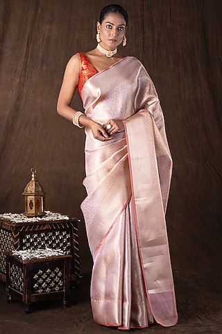 Peach Pure Katan Silk banarasi Handloom Saree Set by Zal From Benaras