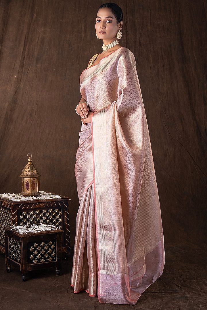 Peach Pure Katan Silk banarasi Handloom Party Wear Saree Set by Zal From Benaras at Pernia's Pop Up Shop