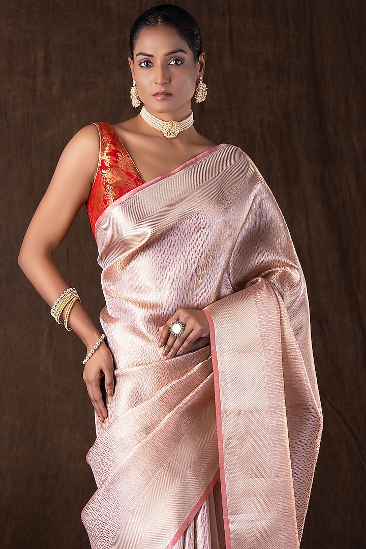 Peach Pure Katan Silk banarasi Handloom Party Wear Saree Set by Zal From Benaras at Pernia's Pop Up Shop