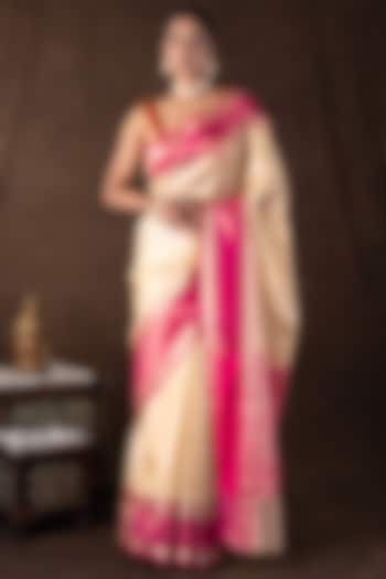 Cream & Pink Pure Silk Zari Motifs Embroidered banarasi Handloom Party Wear Saree Set by Zal From Benaras at Pernia's Pop Up Shop