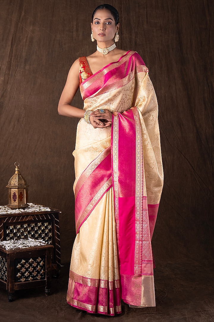 Cream & Pink Pure Silk Zari Motifs Embroidered banarasi Handloom Party Wear Saree Set by Zal From Benaras at Pernia's Pop Up Shop