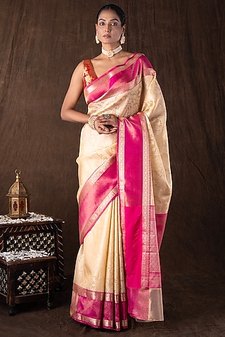 Cream & Pink Pure Silk Zari Motifs Embroidered banarasi Handloom Saree Set by Zal From Benaras