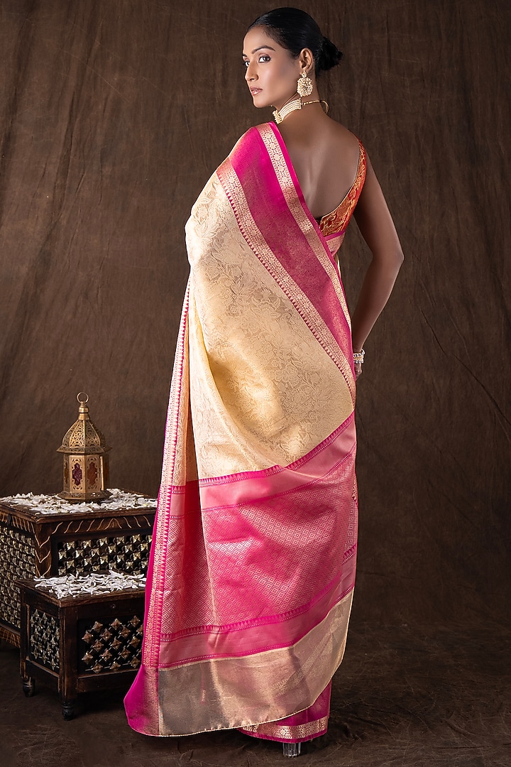 Cream & Pink Pure Silk Zari Motifs Embroidered banarasi Handloom Party Wear Saree Set by Zal From Benaras at Pernia's Pop Up Shop
