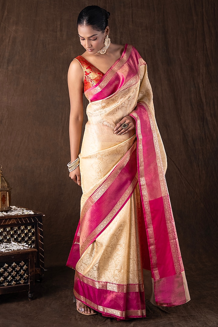 Cream & Pink Pure Silk Zari Motifs Embroidered banarasi Handloom Party Wear Saree Set by Zal From Benaras at Pernia's Pop Up Shop