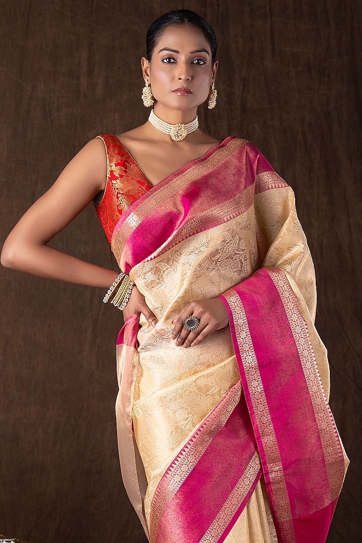 Cream & Pink Pure Silk Zari Motifs Embroidered banarasi Handloom Party Wear Saree Set by Zal From Benaras at Pernia's Pop Up Shop