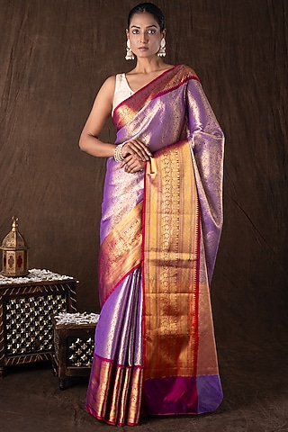 Mauve & Red Tissue Silk Brocade Banarasi Handloom Saree Set by Zal From Benaras