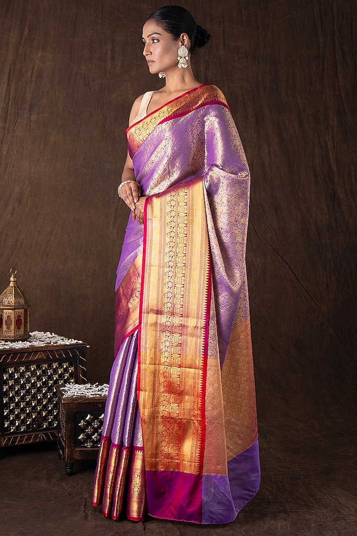 Mauve & Red Tissue Silk Brocade Banarasi Handloom Party Wear Saree Set by Zal From Benaras at Pernia's Pop Up Shop
