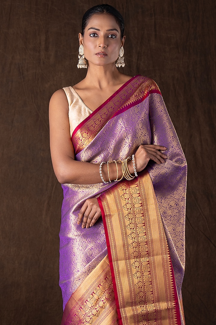 Mauve & Red Tissue Silk Brocade Banarasi Handloom Party Wear Saree Set by Zal From Benaras at Pernia's Pop Up Shop