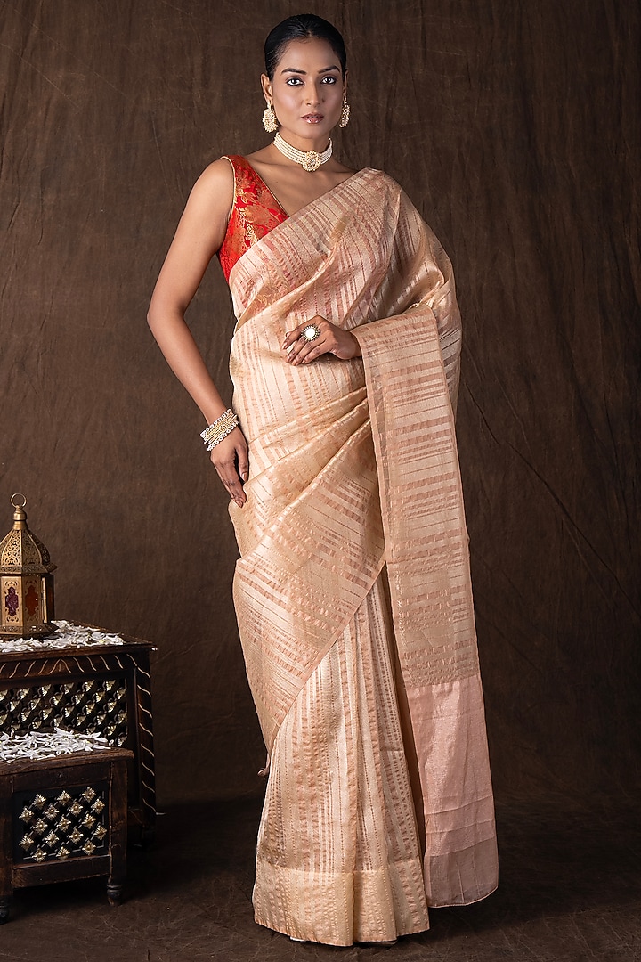 Peach & Copper Tissue Silk Banarasi Handloom Party Wear Saree Set by Zal From Benaras at Pernia's Pop Up Shop