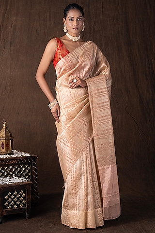 Peach & Copper Tissue Silk Banarasi Handloom Saree Set by Zal From Benaras