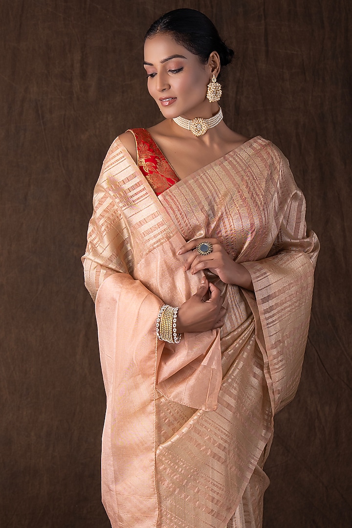 Peach & Copper Tissue Silk Banarasi Handloom Party Wear Saree Set by Zal From Benaras at Pernia's Pop Up Shop