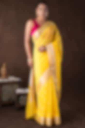 Yellow Katan Silk Zari Embroidered Handloom Party Wear Saree Set by Zal From Benaras at Pernia's Pop Up Shop