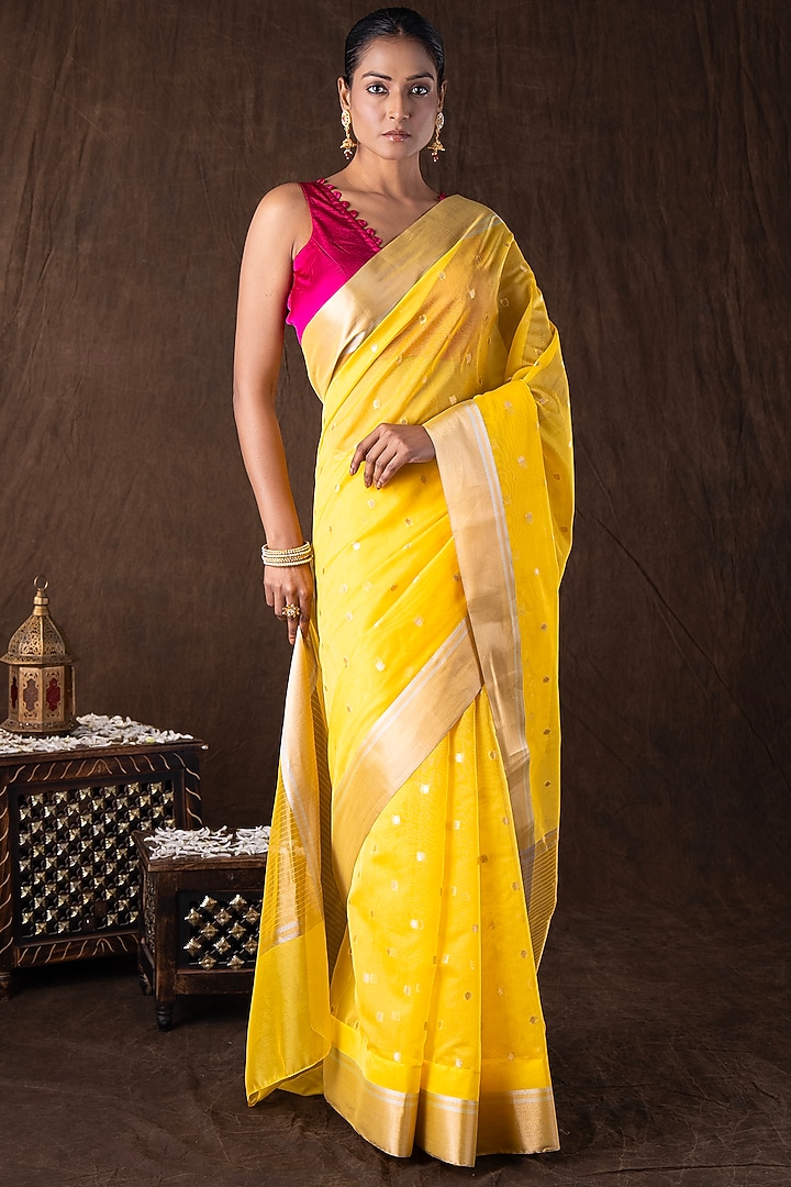 Yellow Katan Silk Zari Embroidered Handloom Party Wear Saree Set by Zal From Benaras at Pernia's Pop Up Shop