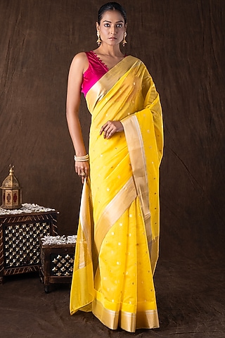 Yellow Katan Silk Zari Embroidered Handloom Saree Set by Zal From Benaras