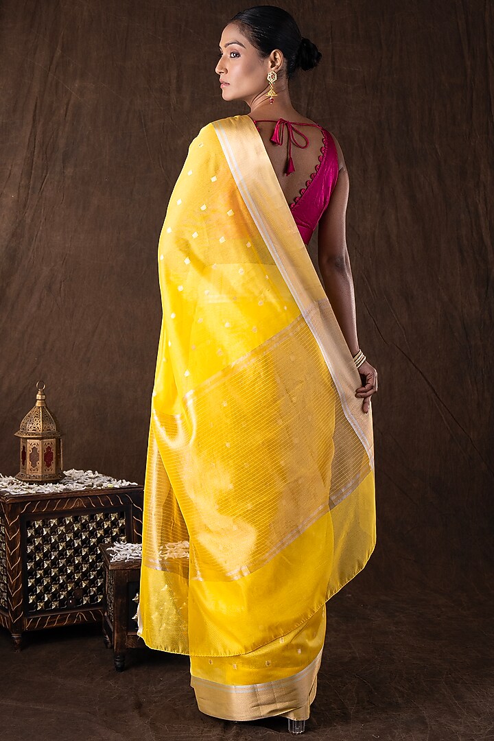 Yellow Katan Silk Zari Embroidered Handloom Party Wear Saree Set by Zal From Benaras at Pernia's Pop Up Shop