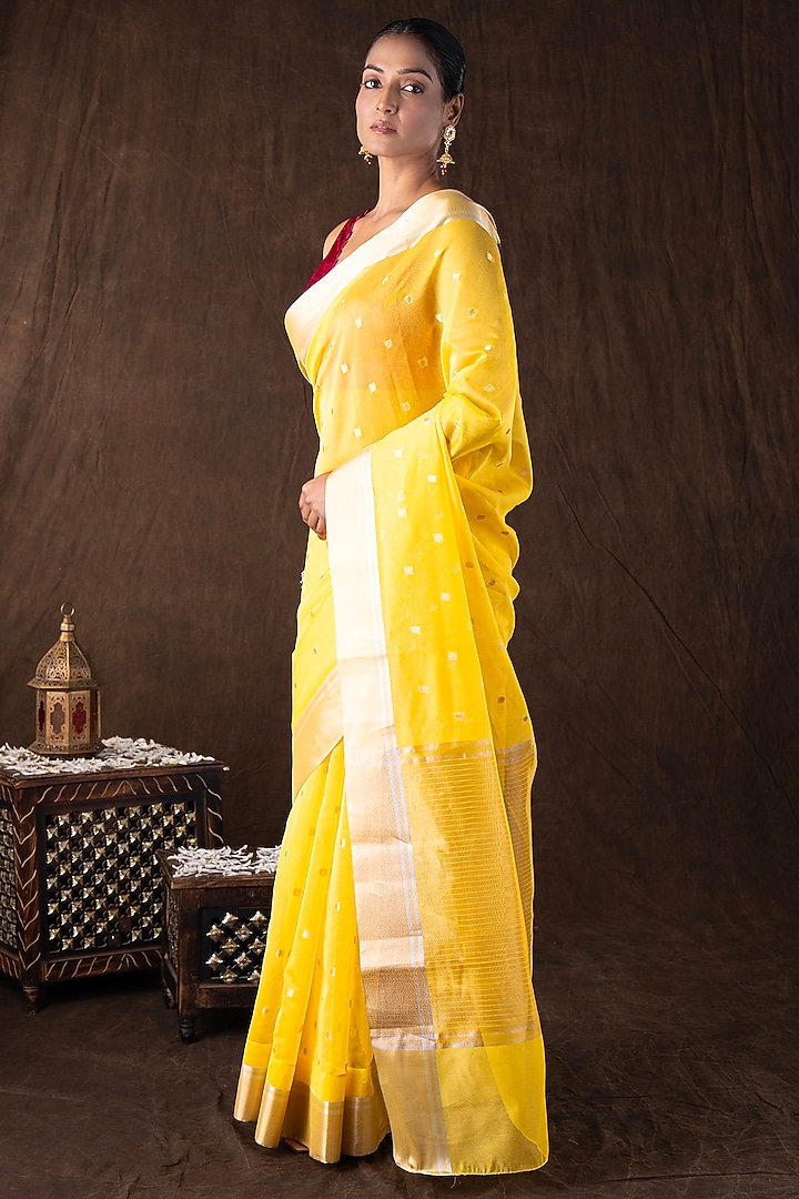 Yellow Katan Silk Zari Embroidered Handloom Party Wear Saree Set by Zal From Benaras at Pernia's Pop Up Shop