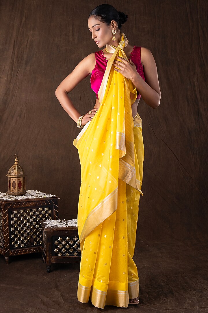 Yellow Katan Silk Zari Embroidered Handloom Party Wear Saree Set by Zal From Benaras at Pernia's Pop Up Shop