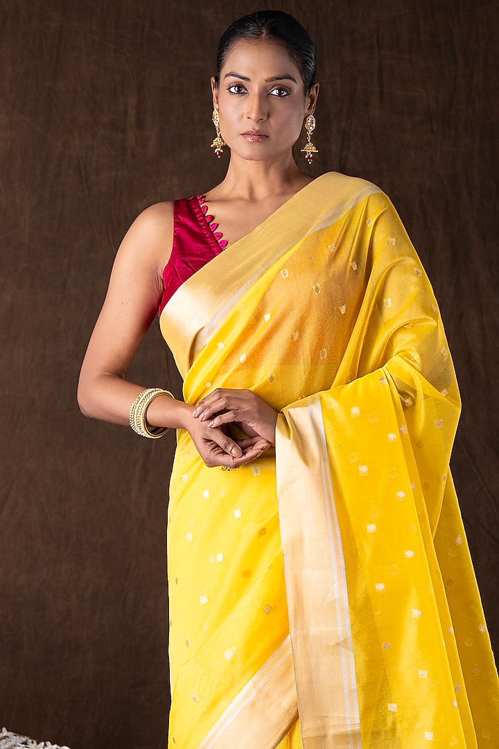 Yellow Katan Silk Zari Embroidered Handloom Party Wear Saree Set by Zal From Benaras at Pernia's Pop Up Shop