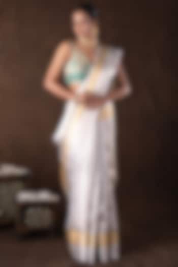 Silver Kanjivaram Silk Zari Embroidered Handloom Party Wear Saree Set by Zal From Benaras at Pernia's Pop Up Shop