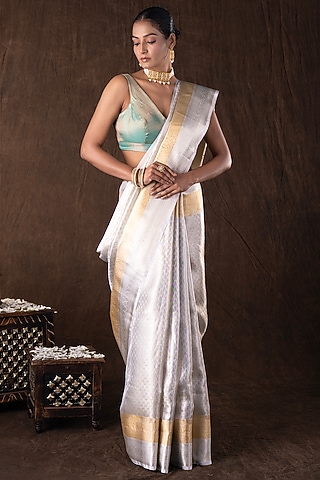 Silver Kanjivaram Silk Zari Embroidered Handloom Saree Set by Zal From Benaras