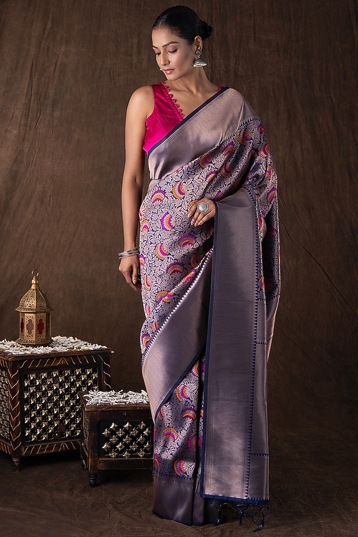 Navy Blue Kanjivaram Silk Brocade Banarasi Handloom Party Wear Saree Set by Zal From Benaras at Pernia's Pop Up Shop