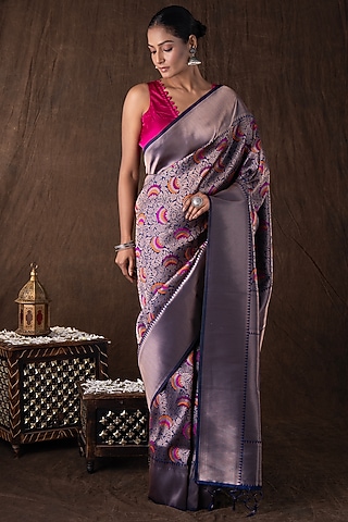 Navy Blue Kanjivaram Silk Brocade Banarasi Handloom Saree Set by Zal From Benaras
