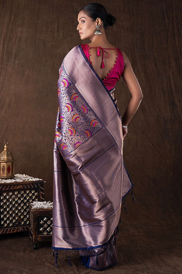 Navy Blue Kanjivaram Silk Brocade Banarasi Handloom Party Wear Saree Set by Zal From Benaras at Pernia's Pop Up Shop