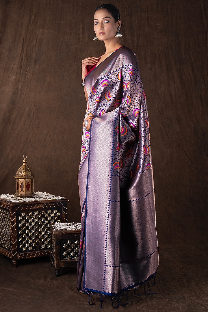 Navy Blue Kanjivaram Silk Brocade Banarasi Handloom Party Wear Saree Set by Zal From Benaras at Pernia's Pop Up Shop