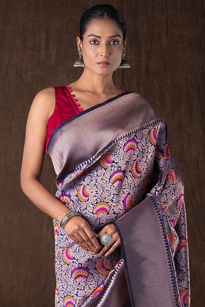 Navy Blue Kanjivaram Silk Brocade Banarasi Handloom Party Wear Saree Set by Zal From Benaras at Pernia's Pop Up Shop